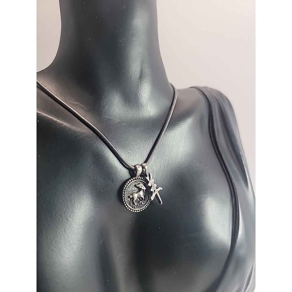 Vintage Zodiac Capricorn Ram Goat Pendant Necklace Silver‎ Tone Snake Chain